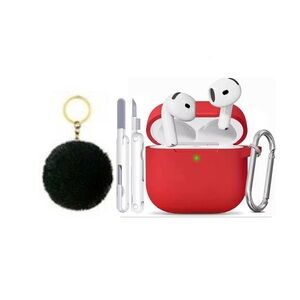 Red AirPods 4 case with cleaning tool and Pompom keychain